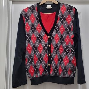VTG 80s‎ Haberdashery Diamond Checkered Gold Buttons Cardigan Sweater Women's XL